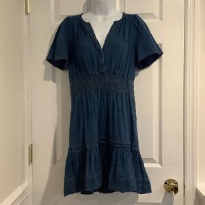 ANTHROPOLOGIE 100% Cotton Denim Country Coastal Cowgirl V Neck Spring Dress S